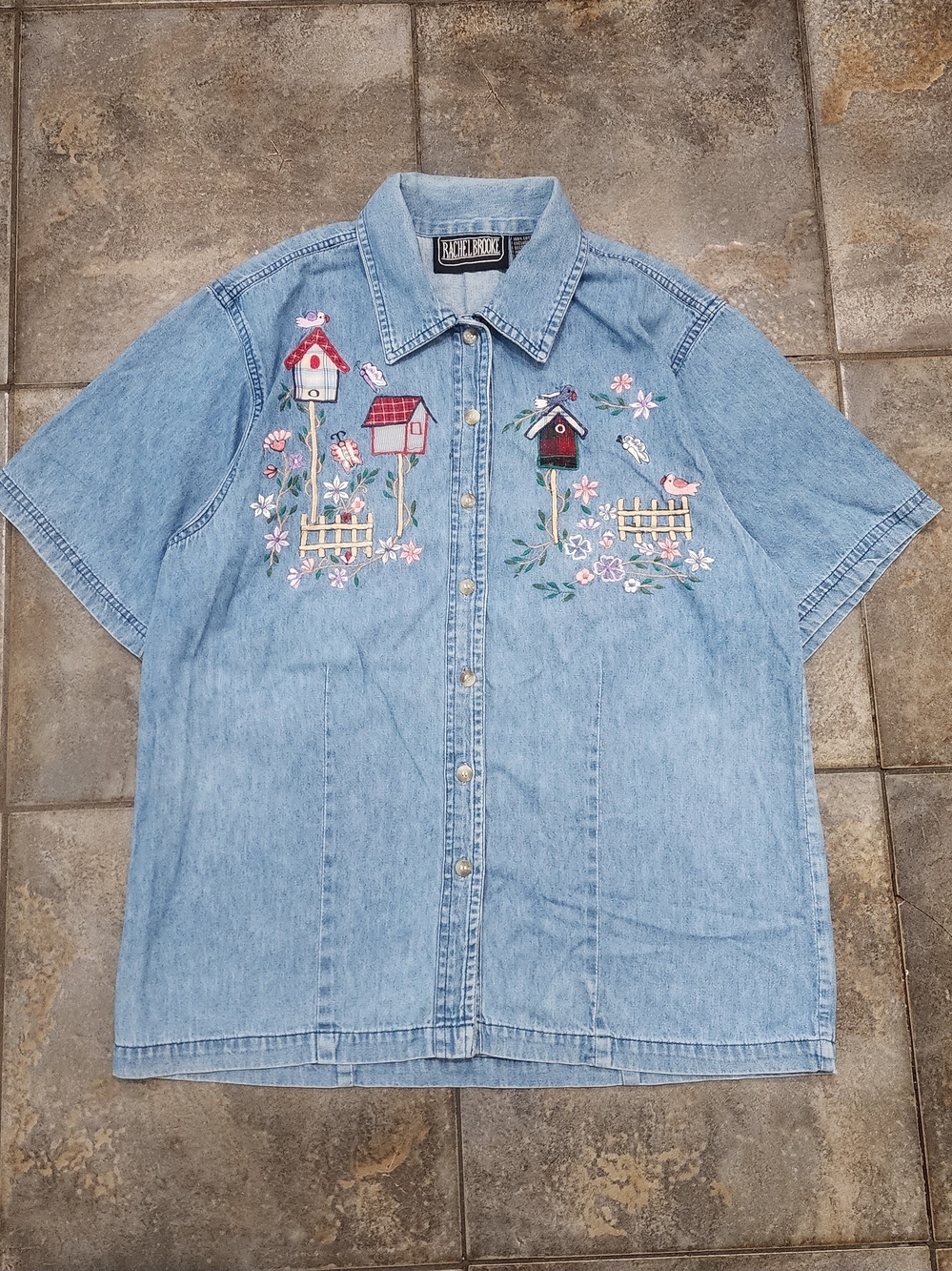 Vintage Y2K Rachel Brooke Women's Large Birdhouse Embroidered Button Up Shirt